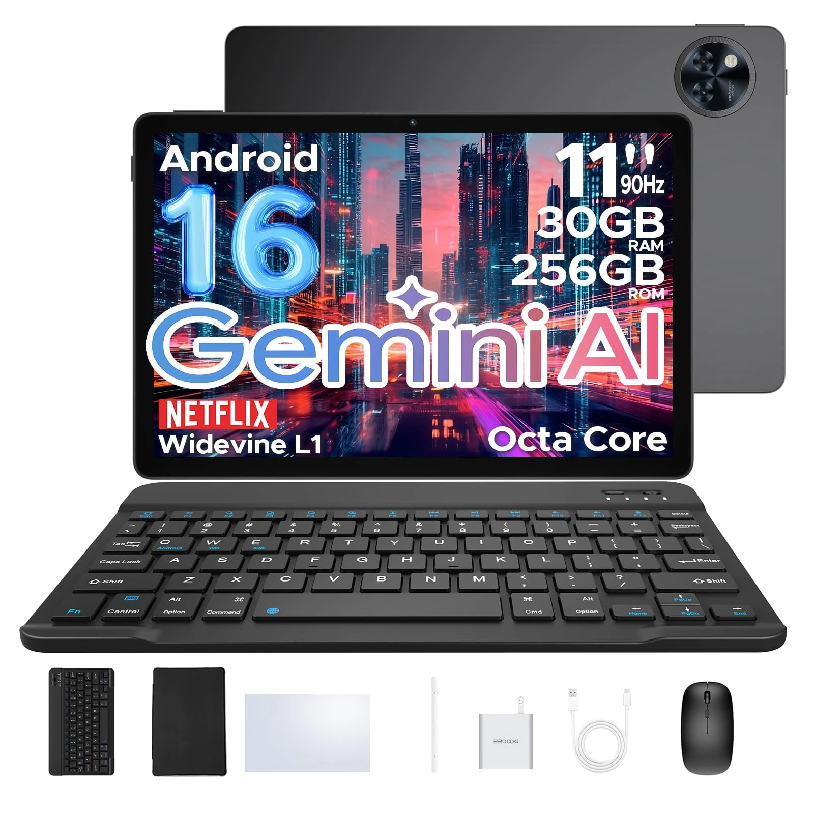 DOOGEE U11 Pro Newest Android 16 AI Tablet, 11 Inch Android Tablets, 30GB RAM+256GB ROM/2TB, 90Hz Octa Core, 8580mAh Battery, Widevine L1|Gemini AI|5G WiFi, Tablet with Pen, Keyboard, Mouse&Case-Black