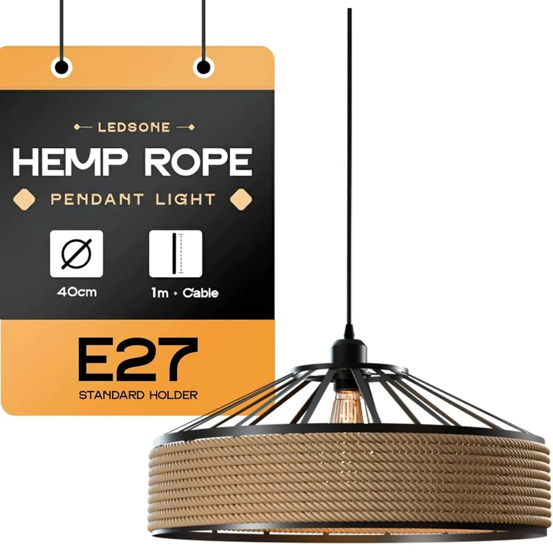 LEDSone Metal & Rope Pendant Light, Retro Black Light 40cm Shade with Jute Rope Lamp Shades Ceiling, Rattan Lampshade, Pendant Lampshades for Ceiling Lights, Living Rooms, Kitchen, Bedroom, Hallways