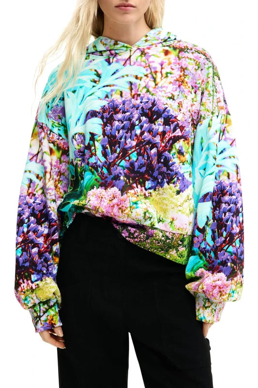 Desigual Oversized Bright Flower Print Hoodie 26SWSK10 Black - Image 1