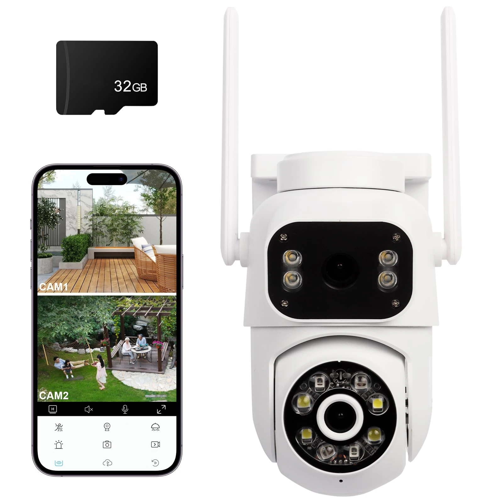 Dual-Lens Security Camera Outdoor, 2K PTZ WiFi CCTV Camera with 32G SD Card, 360°View, Auto-Tracking, Color Night Vision, Two-Way Audio, Siren & Spotlight, IP66 Weatherproof CCTV for Home Security