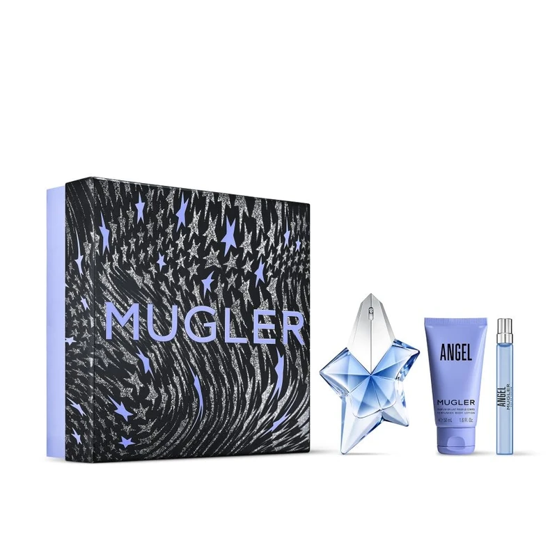 MUGLER Angel Eau de Parfum, Women's Perfume Set, Ambery Edible Woody Scent, Refillable Full Size 50ml Fragrance, Body Lotion & Shower Gel 50ml, Purse Spray 10ml