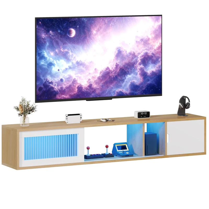 YITAHOME Floating TV Unit, Wall Mounted TV Unit for TVs up to 65 inch, 148CM TV Stand Cabinet with 7 RGB LED 22 Modes Lights Entertainment Centre With Door for Living Room and Bedroom, White