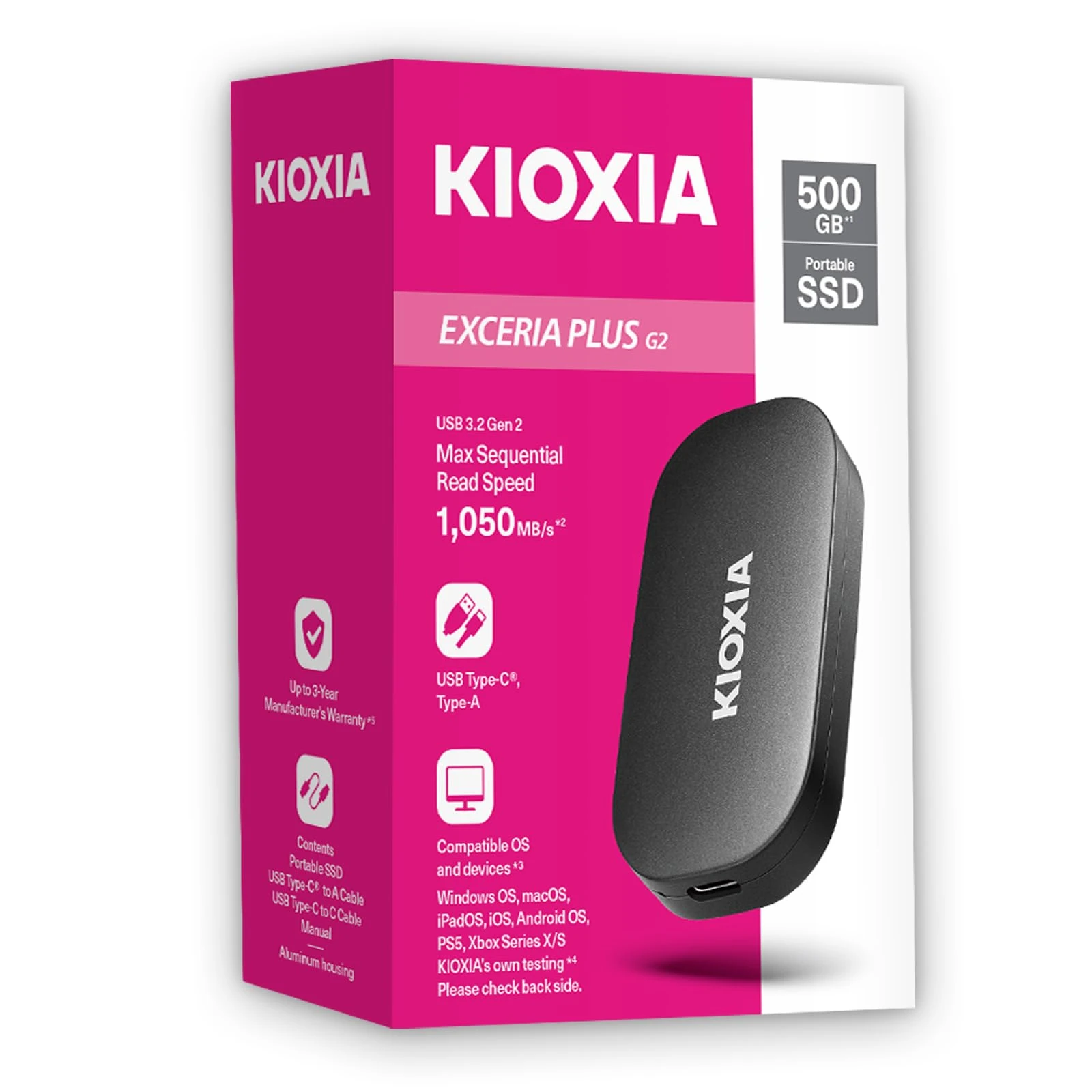 KIOXIA EXCERIA PLUS G2 Portable SSD – 512G External Drive, USB 3.2 Gen 2, up to 1050MB/s Read & 1000MB/s Write – Compatible with Windows, macOS, iOS, Android, PS5, Xbox Series X/S (LXD20K500TG8)