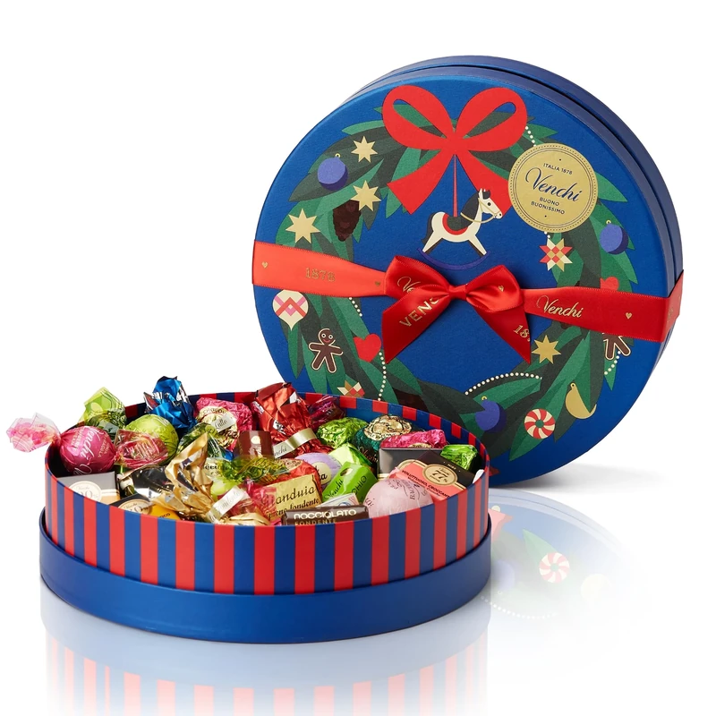 Venchi, Large Hatbox with Assorted Chocolates, with Chocoviar and Nougatine, with "Piedmont Hazelnut", Limited Edition, 21.69 oz, Gluten-Free, Gift Idea