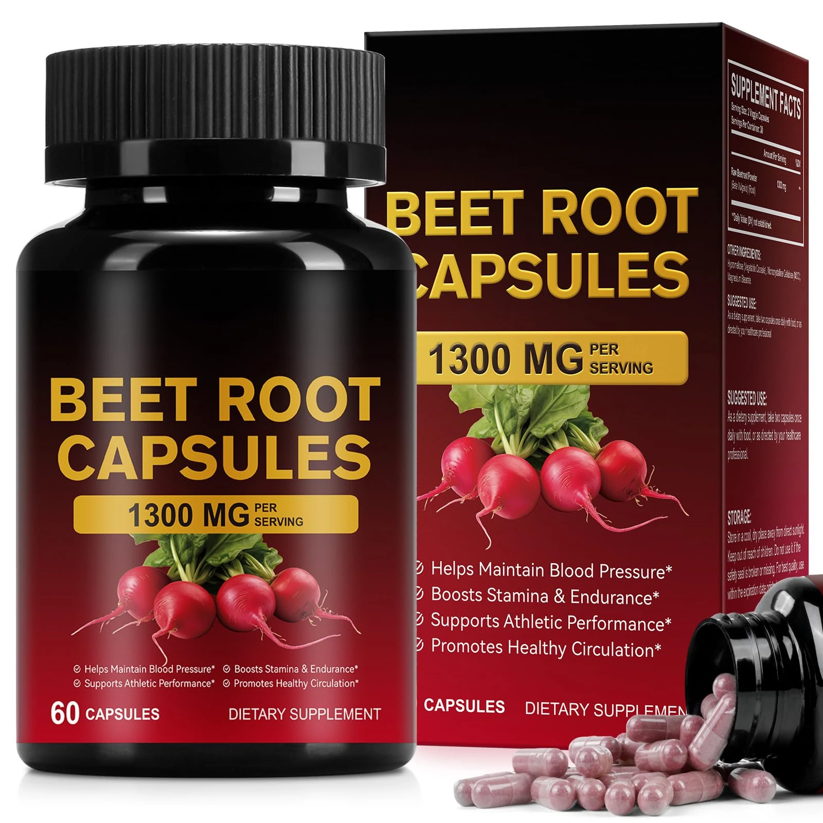 Beetroot Capsules 1300mg, Beetroot Powder for Endurance Support & Energy, Vegan Beet Root Supplement (60 Capsules, 30-Day Supply)