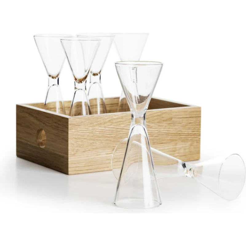 Sagaform Nature 5018446 Mouth-Blown Snap Glass Set of 6 with Wooden Box Made of Oak
