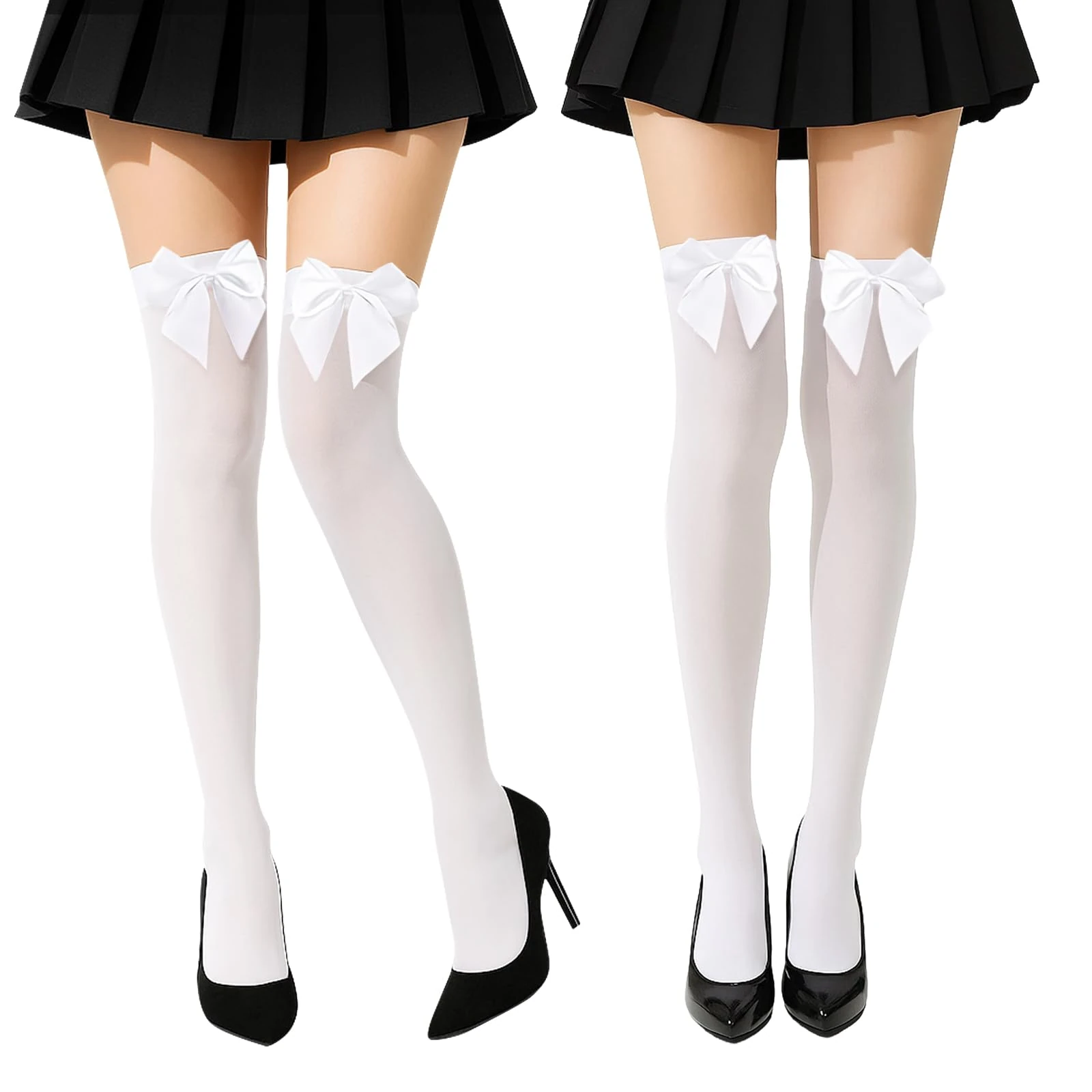 wlertcop 2 Pairs Over the Knee Socks –white knee high socks, Elegant Satin Bow Thigh High Stockings for Women, for Cosplay, Party, Dating and Daily Fashion, Valentine's Day Favors,Christmas gifts