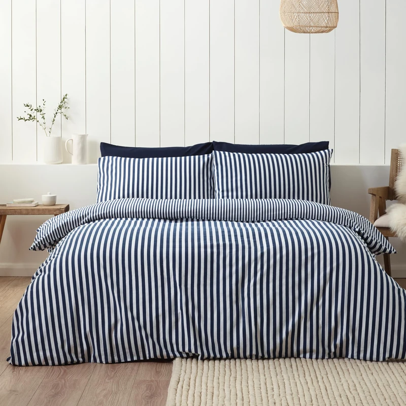 Catherine Lansfield Brushed Stripe Cotton Reversible Super King Duvet Cover Set with Pillowcases Navy Blue