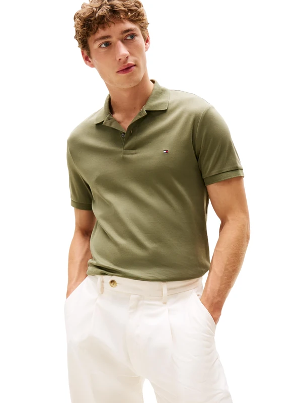 Tommy Hilfiger Men's Short Sleeve Casual Polo Shirts in Regular Fit with Liquid Cotton, Battle Green, S