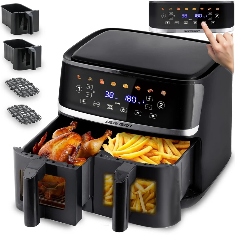 Berdsen XXL 10.2L Dual Chamber Hot Air Fryer with 2 Windows and Touch Screen, 1700W, 8 Programs, Dishwasher Safe