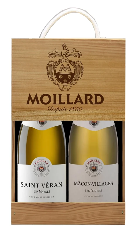Moillard - Gift box Saint-Véran, Mâcon-Villages, Chardonnay White wine, Burgundy Wines in wooden case (2 x 0,75L) (Pack of 6)