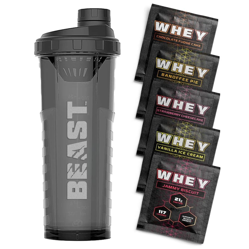 Beast | Protein Shaker Bottle + Whey Protein Powder Samples | 5 Sachets + 1000ml Shaker Gym Gift Set