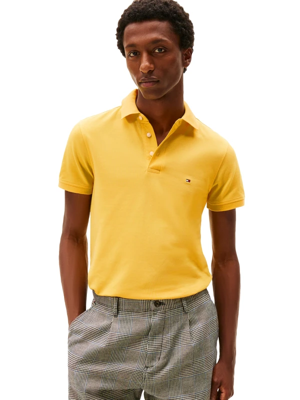 Tommy Hilfiger Men's Short Sleeve Polo Shirts in Slim Fit with Stretch and Organic Pique Cotton, Soft Canary, XL