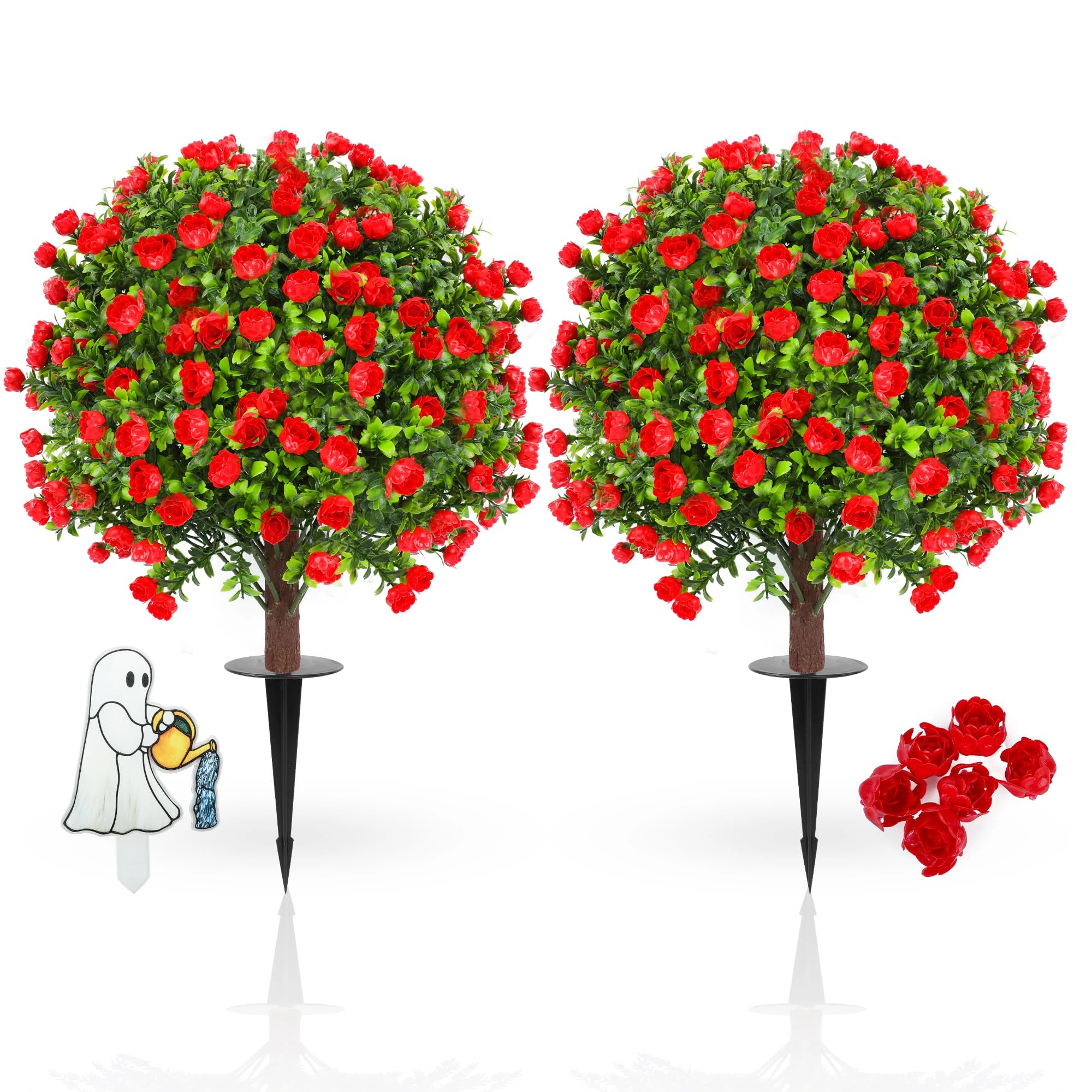 Set of 2 Artificial Lavender Boxwood Topiary Ball Trees with Ground Spike, 26 Inches UV Resistant Fake Evergreen Plant Bushes Shrubs, for Indoor Outdoor Front Porch Garden (Rose)