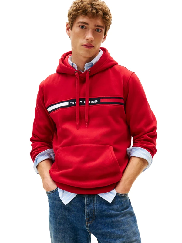 Tommy Hilfiger Men's Weight Fleece Hoodie Sweatshirt with Signature Stripe Logo Hooded, Medium Red, S
