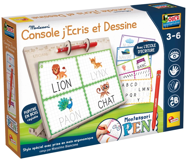 Lisciani – Montessori Pen – I Write and I Draw – Wooden Educational Desk for Children 3-6 Years – Ergonomic Pen Included – Alphabet, Vocabulary and Pre-Writing Cards – Sensory Method