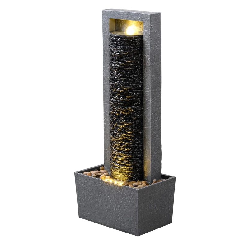 Teamson Home Garden Outdoor Water Feature Tall Waterfall Water Fountain With Warm LED Lights Layered Rock Design Dark Grey