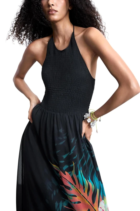Desigual Swim Dakira Halter Neck Midi Dress with Tropical Print 26SWVW66 Black