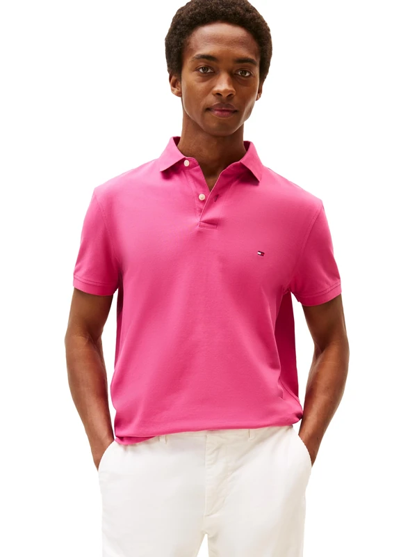 Tommy Hilfiger Men's Short Sleeve Polo Shirts in Regular Fit with Stretch and Organic Pique Cotton, Fashion Fuschia, Large