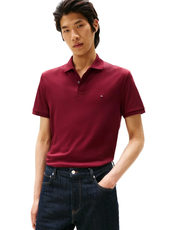 Tommy Hilfiger Men's Short Sleeve Casual Polo Shirts in Regular Fit with Liquid Cotton, Deep Rouge, Large