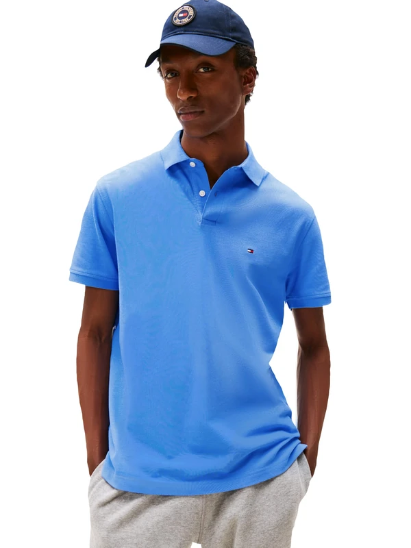 Tommy Hilfiger Men's Short Sleeve Polo Shirts in Classic Fit with Stretch and Organic Pique Cotton, Blue Spell, XL
