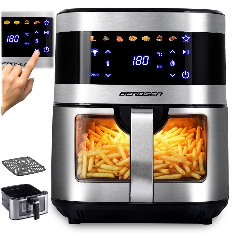 Berdsen Hot Air Fryer, XXL, 9.1 Litre, with Viewing Window and Touch Screen, 1700 W, 7 Programs, Dishwasher Safe