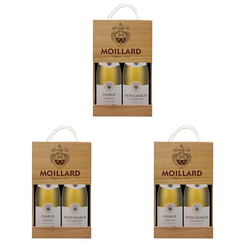 Moillard - Gift box Chablis and Petit Chablis, Chardonnay White wine, Burgundy Wines in wooden case (2 x 0,75L) (Pack of 3)