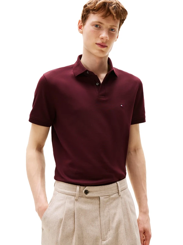 Tommy Hilfiger Men's Short Sleeve Polo Shirts in Regular Fit with Stretch and Organic Pique Cotton, Deep Burgundy, S - Image 1