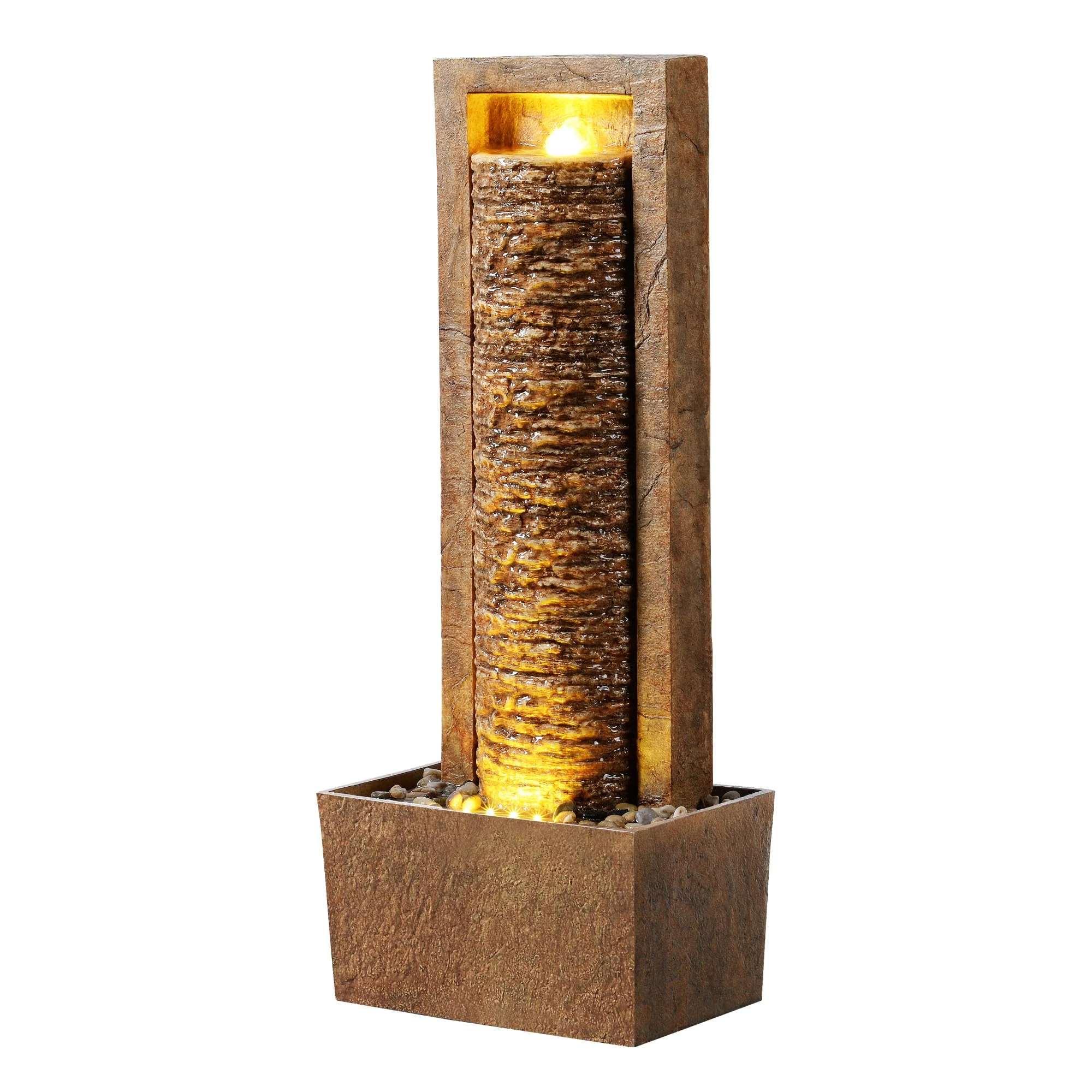 Teamson Home Garden Outdoor Water Feature Tall Waterfall Water Fountain With Warm LED Lights Layered Rock Design Brown