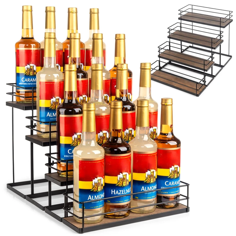kimilus 16 Bottle Capacity Coffee Syrup Organizer 4 Tier Coffee Syrup Stand Shelf for Coffee Bar Kitchen Small Wine Rack for Bar Family Storage for Syrup Wine Dressing