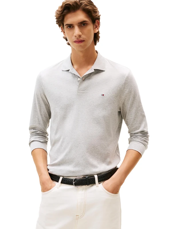 Tommy Hilfiger Men's Long Sleeve Casual Polo Shirts in Regular Fit with Liquid Cotton, Light Grey Heather, XL