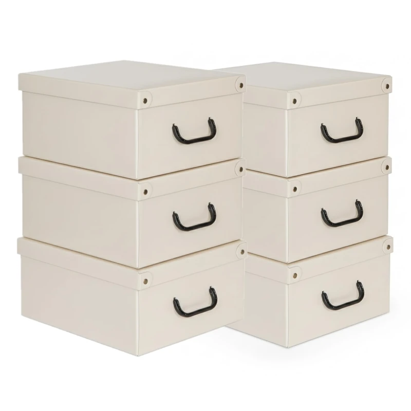 Lavatelli Decorative Storage Boxes With Lids – Pack Of 6 Large Rigid Cardboard Wardrobe Organiser Bins – Bedroom & Closet Storage – 32×42×17.5 cm – Beige