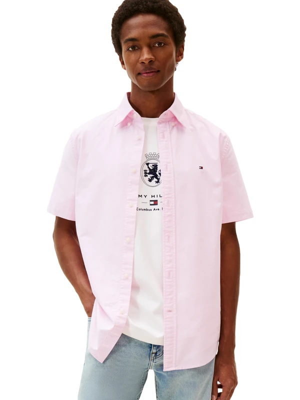 Tommy Hilfiger Short Sleeve Oxford Regular Fit, Men's Button Down Shirts, Rose Petal, XXL