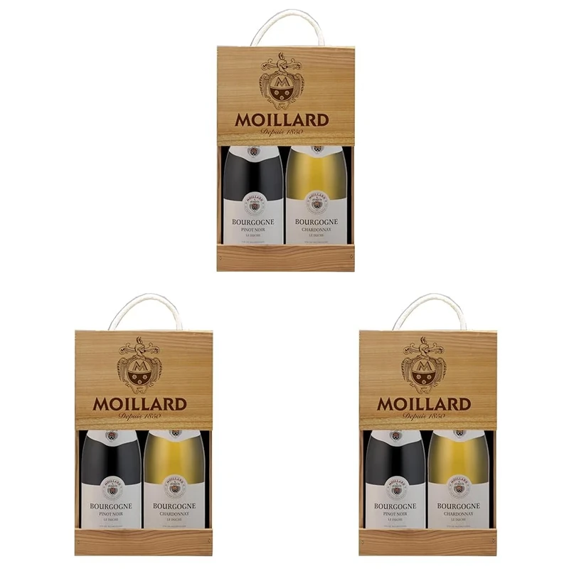 Moillard - Gift box Chardonnay and Pinot Noir, Burgundy red and white wines in wooden case (2 x 0.75L) (Pack of 3)