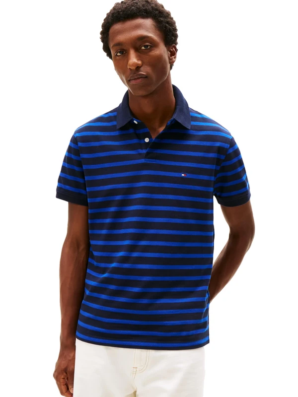 Tommy Hilfiger Men's Short Sleeve Polo Shirts in Classic Fit with Stretch and Organic Pique Cotton, Desert Sky/Wedge Blue, Medium