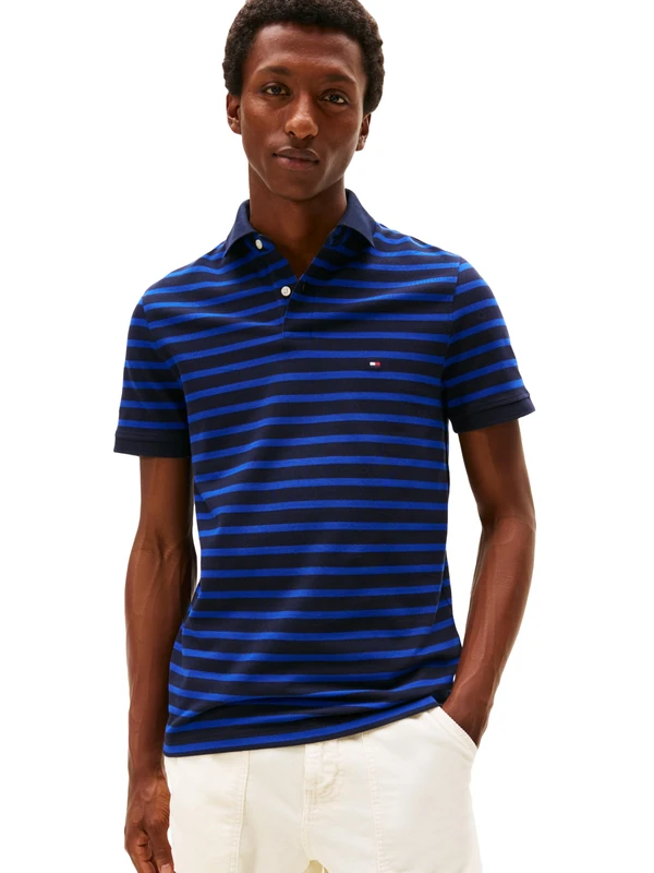 Tommy Hilfiger Men's Short Sleeve Polo Shirts in Regular Fit with Stretch and Organic Pique Cotton, Desert Sky/Wedge Blue, S
