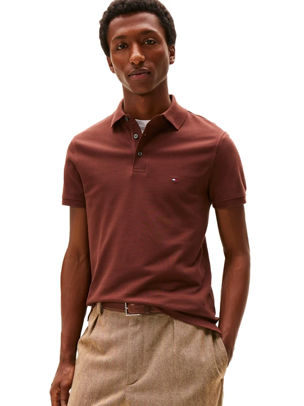 Tommy Hilfiger Men's Short Sleeve Polo Shirts in Slim Fit with Stretch and Organic Pique Cotton, Pure Brown, XL