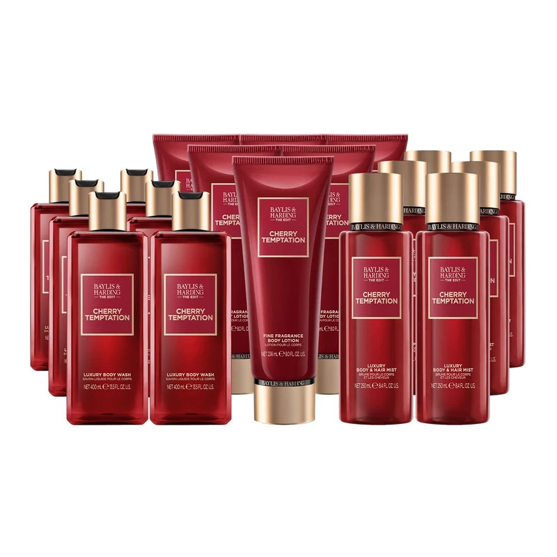 Baylis & Harding The Edit Cherry Temptation Body Bundle: 6 x 400 ml Wash, 6 x 236 ml Lotion & 6 x 250 ml Body & Hair Mist (18 Bottles) - Vegan Friendly