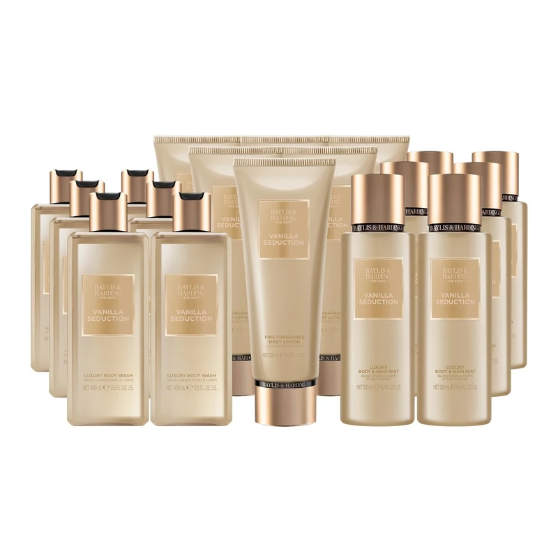 Baylis & Harding The Edit Vanilla Seduction Body Bundle: 6 x 400 ml Wash, 6 x 236 ml Lotion & 6 x 250 ml Body & Hair Mist (18 Bottles) - Vegan Friendly