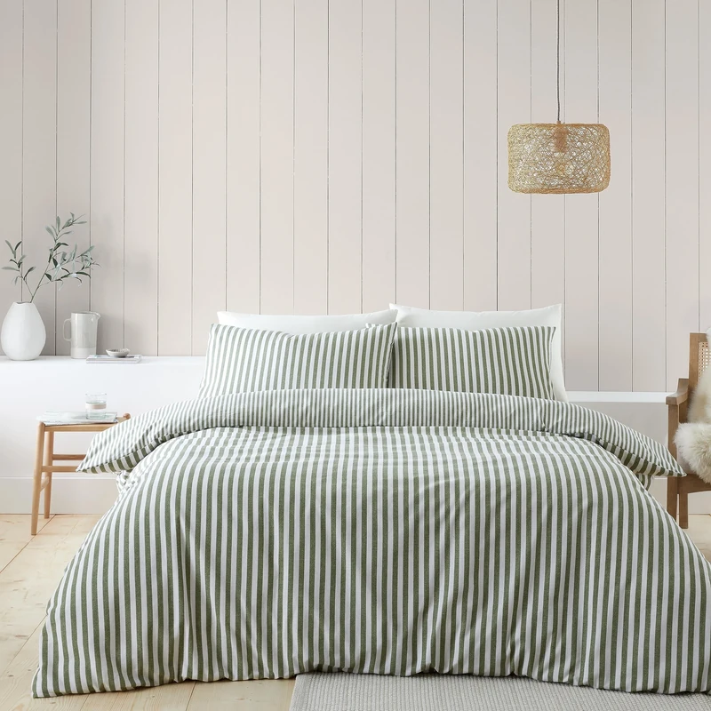 Catherine Lansfield Brushed Stripe Cotton Reversible Super King Duvet Cover Set with Pillowcases Green