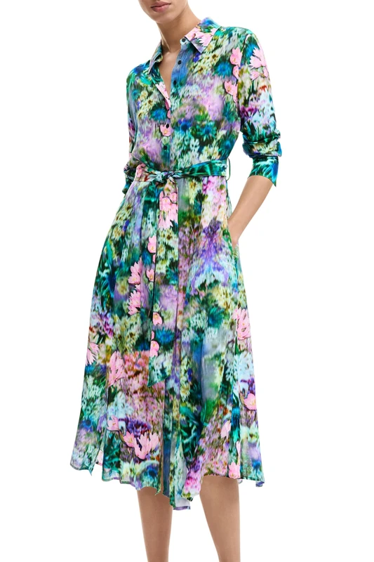 Desigual Mili Flowing Belted Floral Print Fabric Dress 26SWVW13 Yellow - Image 1