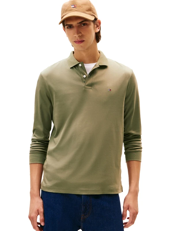 Tommy Hilfiger Men's Long Sleeve Casual Polo Shirts in Regular Fit with Liquid Cotton, Battle Green, Medium