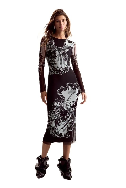 Desigual Reims Lacroix Long Fitted Abstract Print Tulle Dress 26SWVK53 Black - Image 1