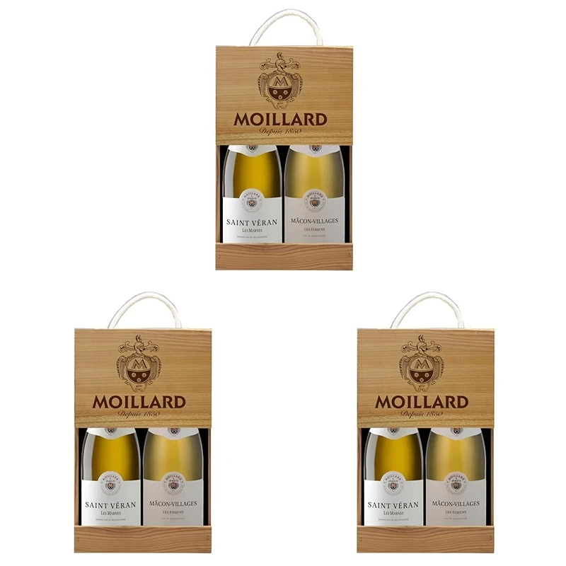 Moillard - Gift box Saint-Véran, Mâcon-Villages, Chardonnay White wine, Burgundy Wines in wooden case (2 x 0,75L) (Pack of 3)