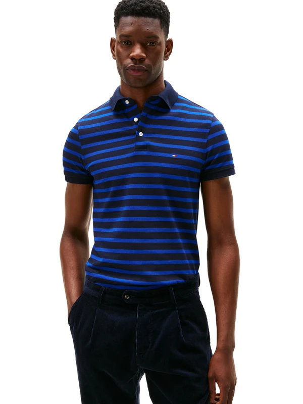 Tommy Hilfiger Men's Short Sleeve Polo Shirts in Slim Fit with Stretch and Organic Pique Cotton, Desert Sky/Wedge Blue, XL
