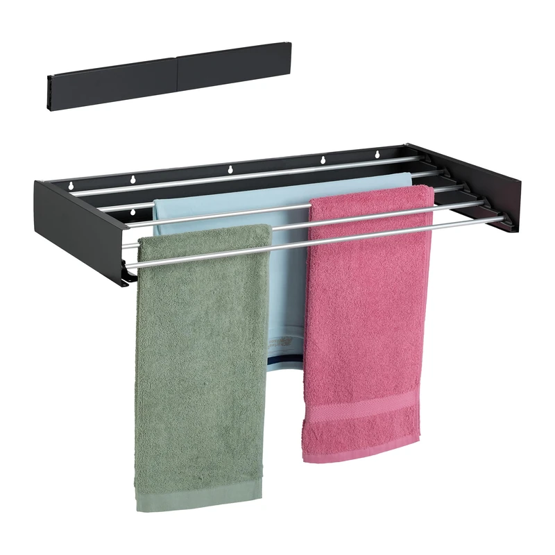 Relaxdays Mounted Clothes Airer, Foldable, H x D: 15 x 80 x 40 cm, Indoor & Outdoor Space Saving Wall Dryer, Black, 80% steel 20% aluminium, M
