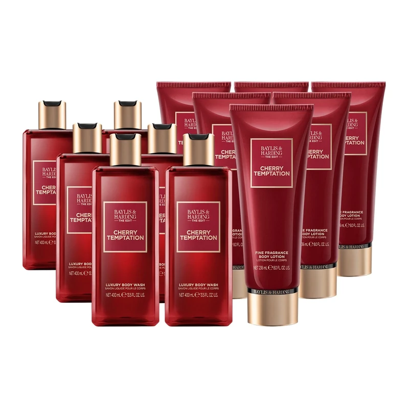 Baylis & Harding The Edit Cherry Temptation Bundle: 6 x 400 ml Body Wash & 6 x 236 ml Body Lotion (12 Bottles) - Vegan Friendly