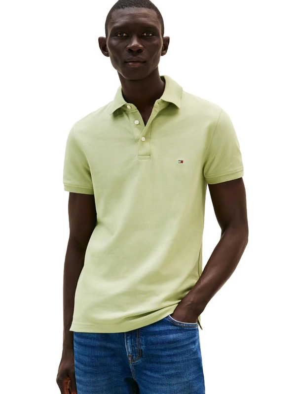 Tommy Hilfiger Men's Short Sleeve Polo Shirts in Slim Fit with Stretch and Organic Pique Cotton, Earth Sage, XXL