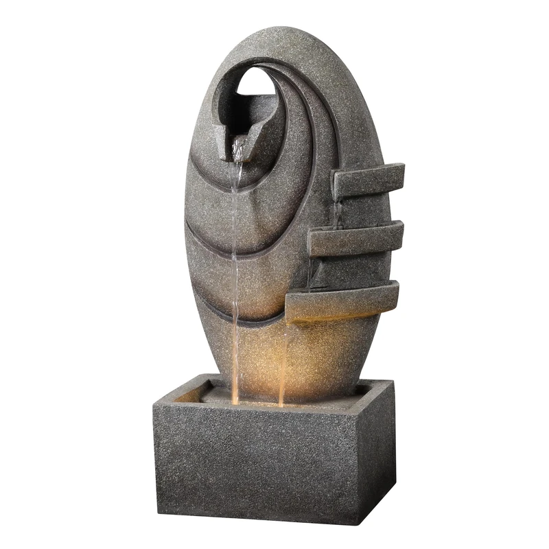 Teamson Home Garden Outdoor Water Feature Modern Oval Water Fountain With Warm LED Lights Grey