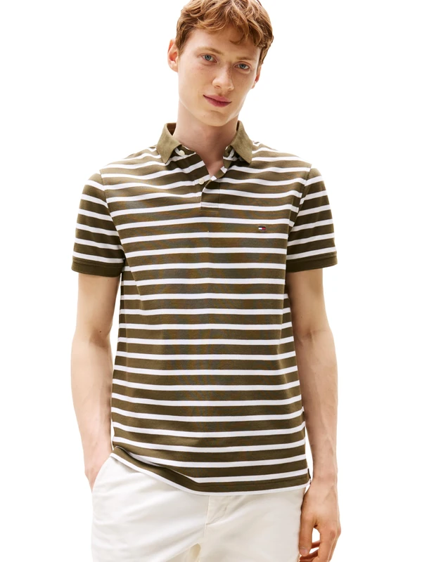 Tommy Hilfiger Men's Short Sleeve Polo Shirts in Regular Fit with Stretch and Organic Pique Cotton, Army Green/White, XXL